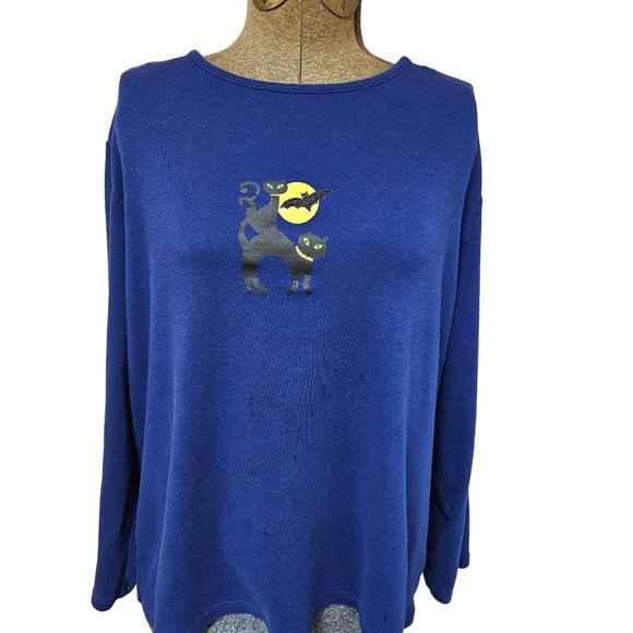 Liz Claiborne Shirt Womens 1X Long Sleeve Halloween Black Cat Holiday Plus Size - Picture 4 of 9